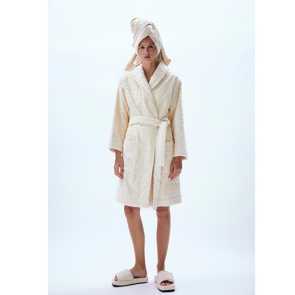 Zara Other Zara Jacquard Long Bathrobe Bathtowel Set In Ecru Poshmark